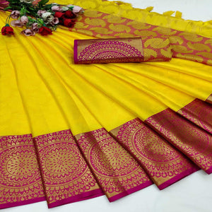 Lemon-Yellow Festive Wear Woven Desginer Cotton Silk Saree