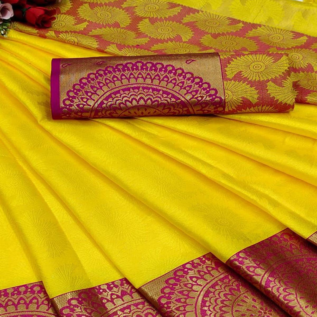 Lemon-Yellow Festive Wear Woven Desginer Cotton Silk Saree