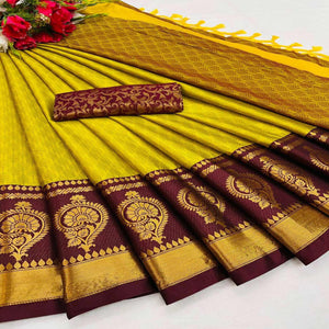 Lemon Yellow Festive Wear Woven Heavy Rich Cotton Silk Saree