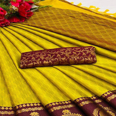 Lemon Yellow Festive Wear Woven Heavy Rich Cotton Silk Saree