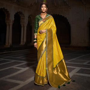 Lemon Yellow Festive Wear Woven Silk Saree