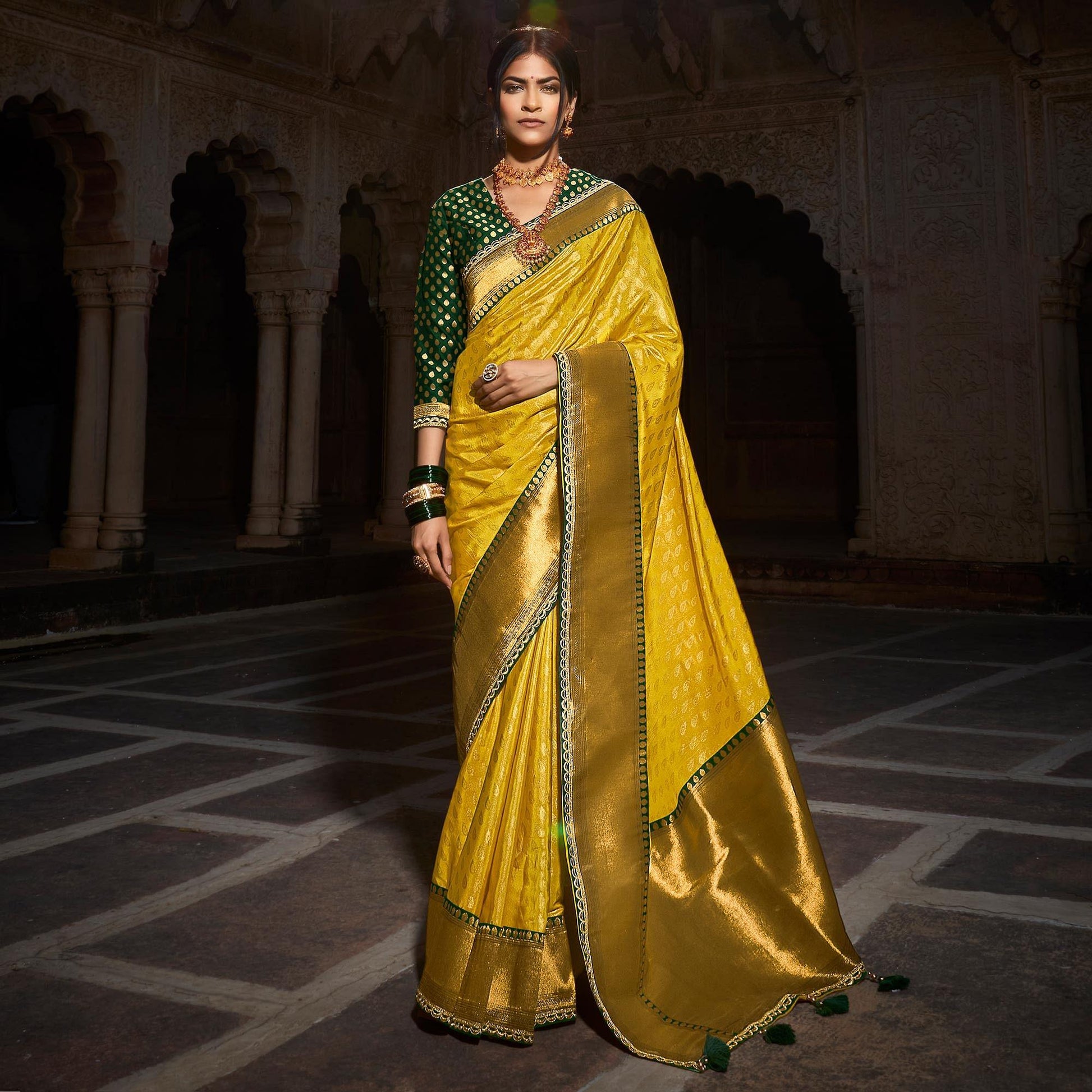 Lemon Yellow Festive Wear Woven Silk Saree