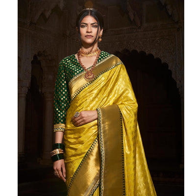 Lemon Yellow Festive Wear Woven Silk Saree