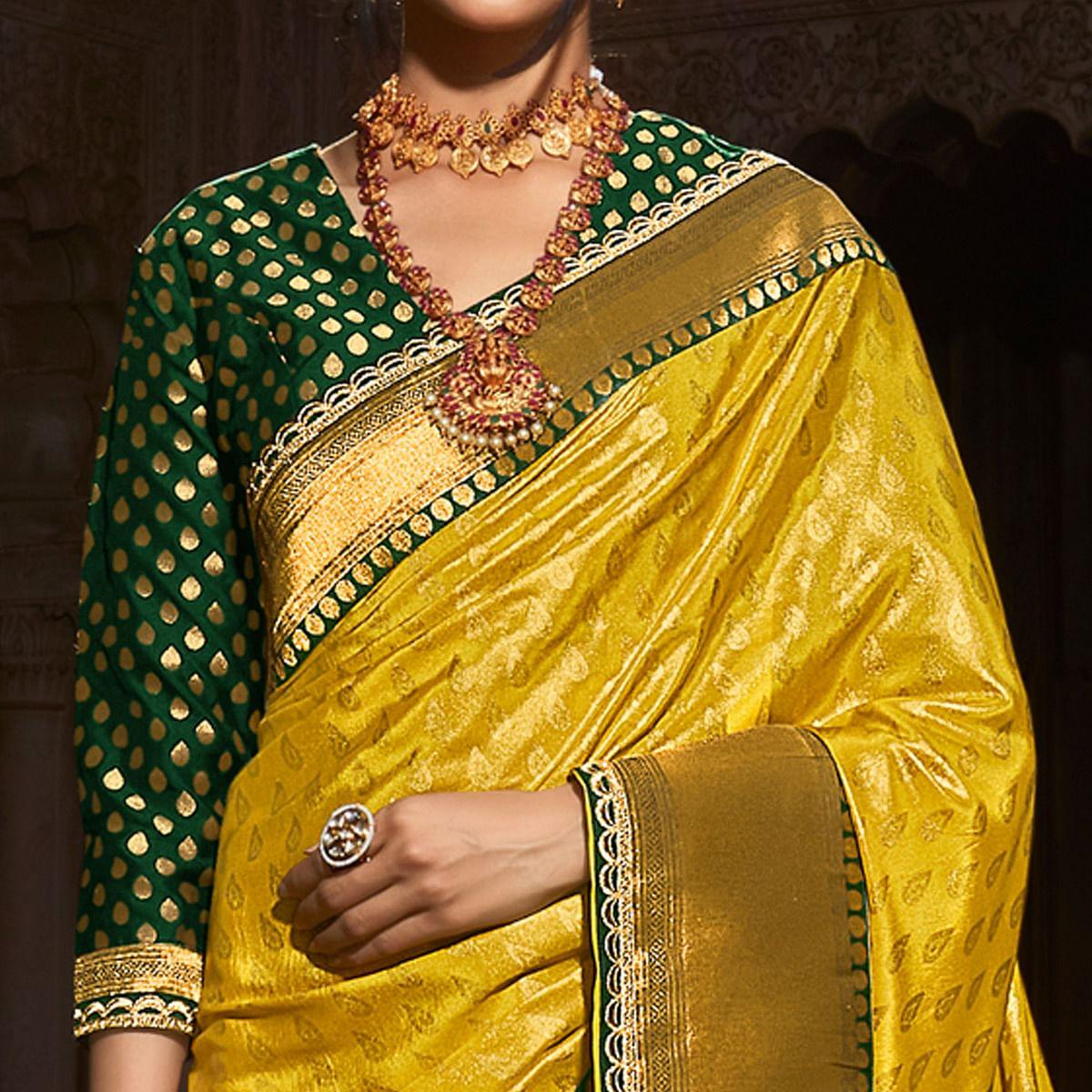 Lemon Yellow Festive Wear Woven Silk Saree
