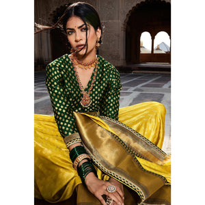 Lemon Yellow Festive Wear Woven Silk Saree