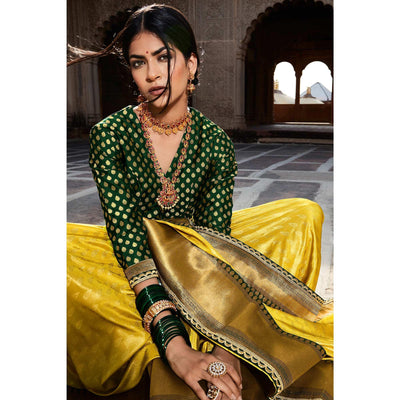 Lemon Yellow Festive Wear Woven Silk Saree