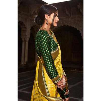 Lemon Yellow Festive Wear Woven Silk Saree