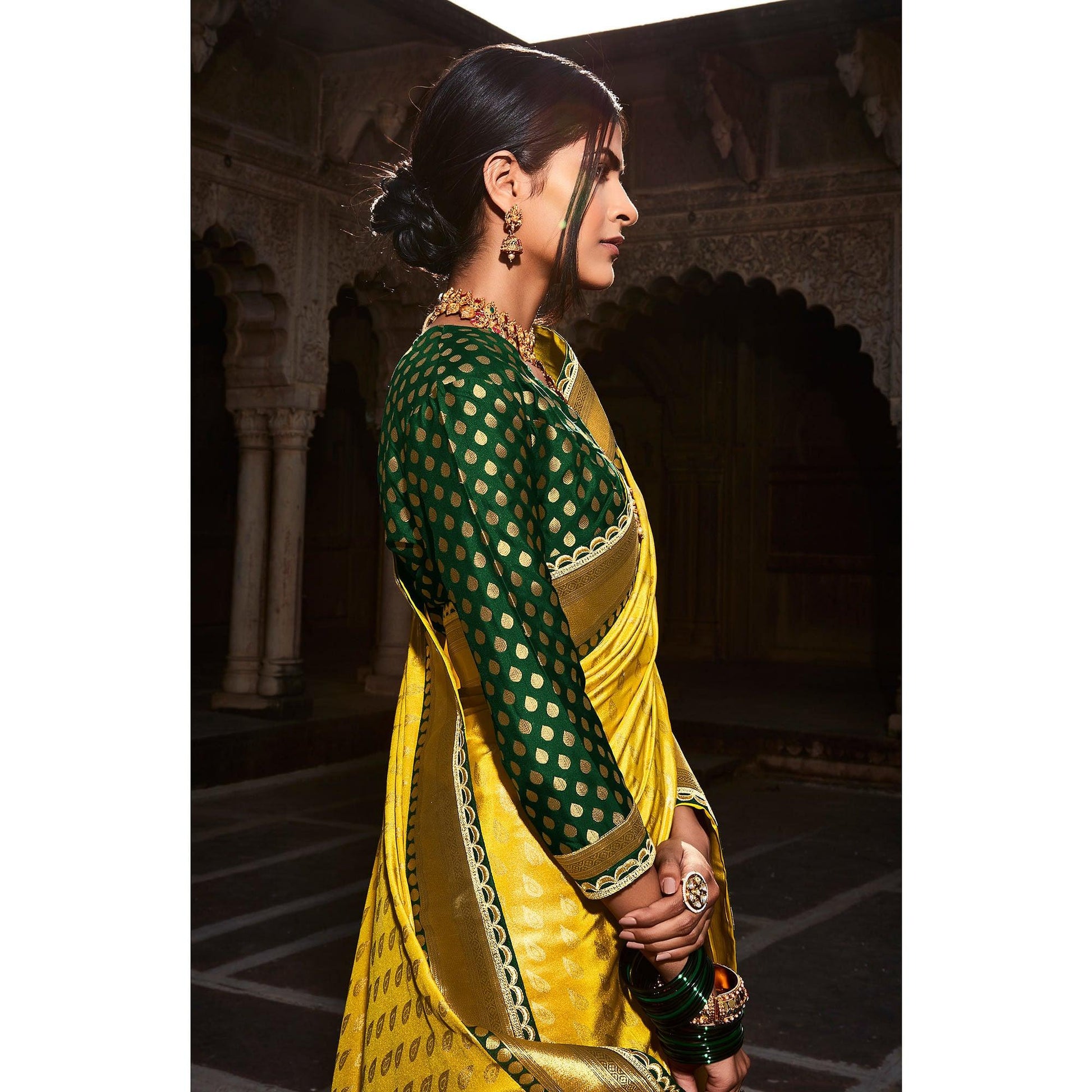 Lemon Yellow Festive Wear Woven Silk Saree