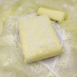 Lemon Yellow Floral Embroidered Organza Dress Material