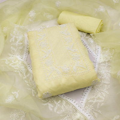 Lemon Yellow Floral Embroidered Organza Dress Material