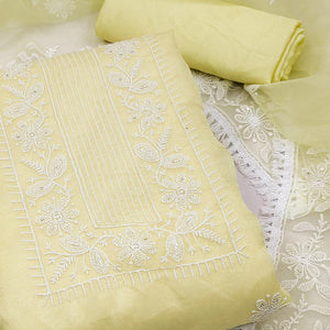 Lemon Yellow Floral Embroidered Organza Dress Material