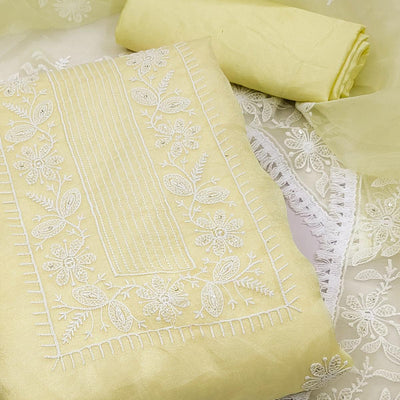 Lemon Yellow Floral Embroidered Organza Dress Material