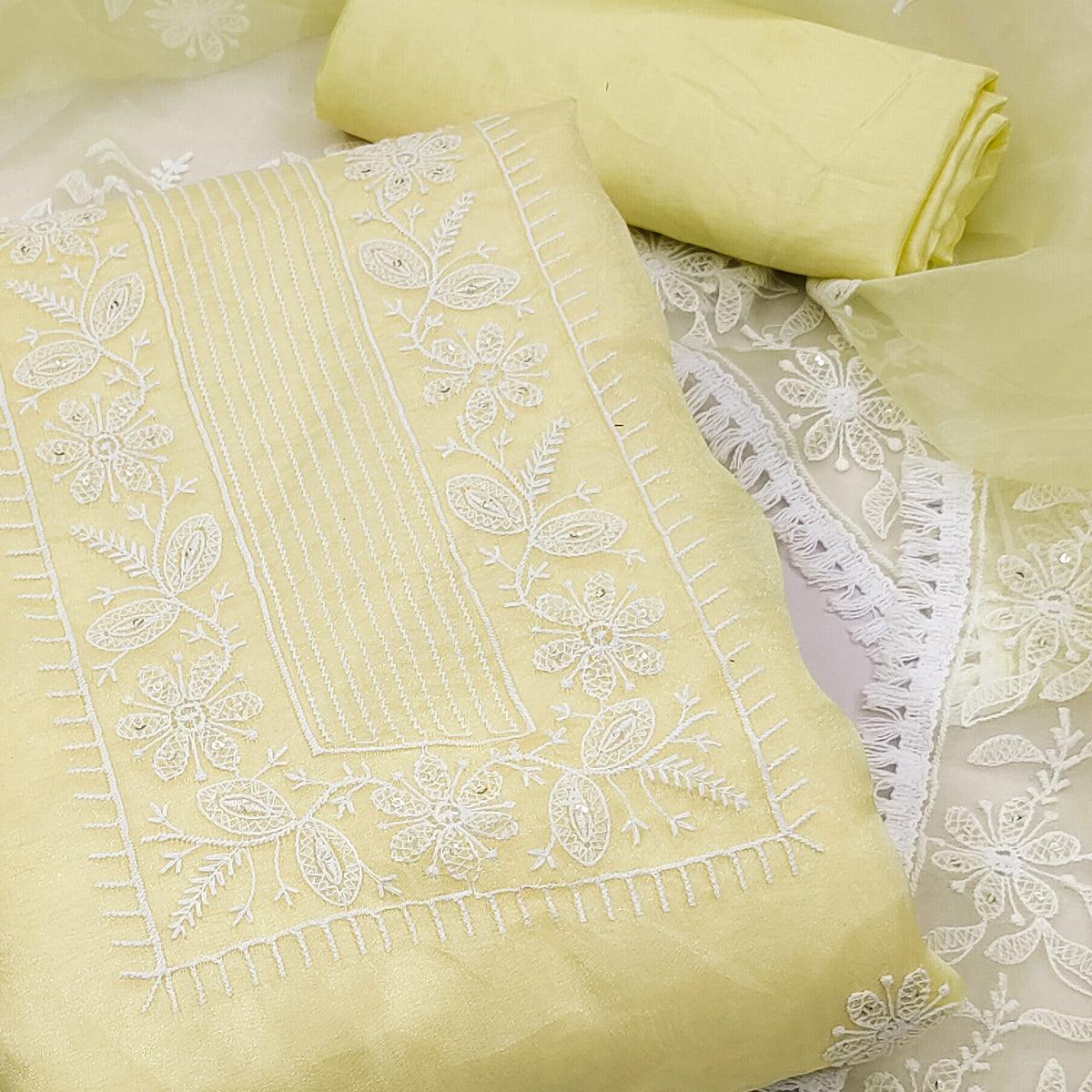 Lemon Yellow Floral Embroidered Organza Dress Material