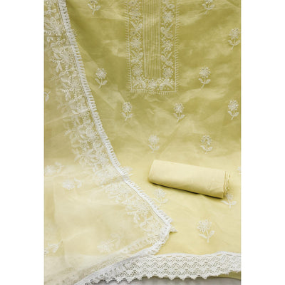 Lemon Yellow Floral Embroidered Organza Dress Material