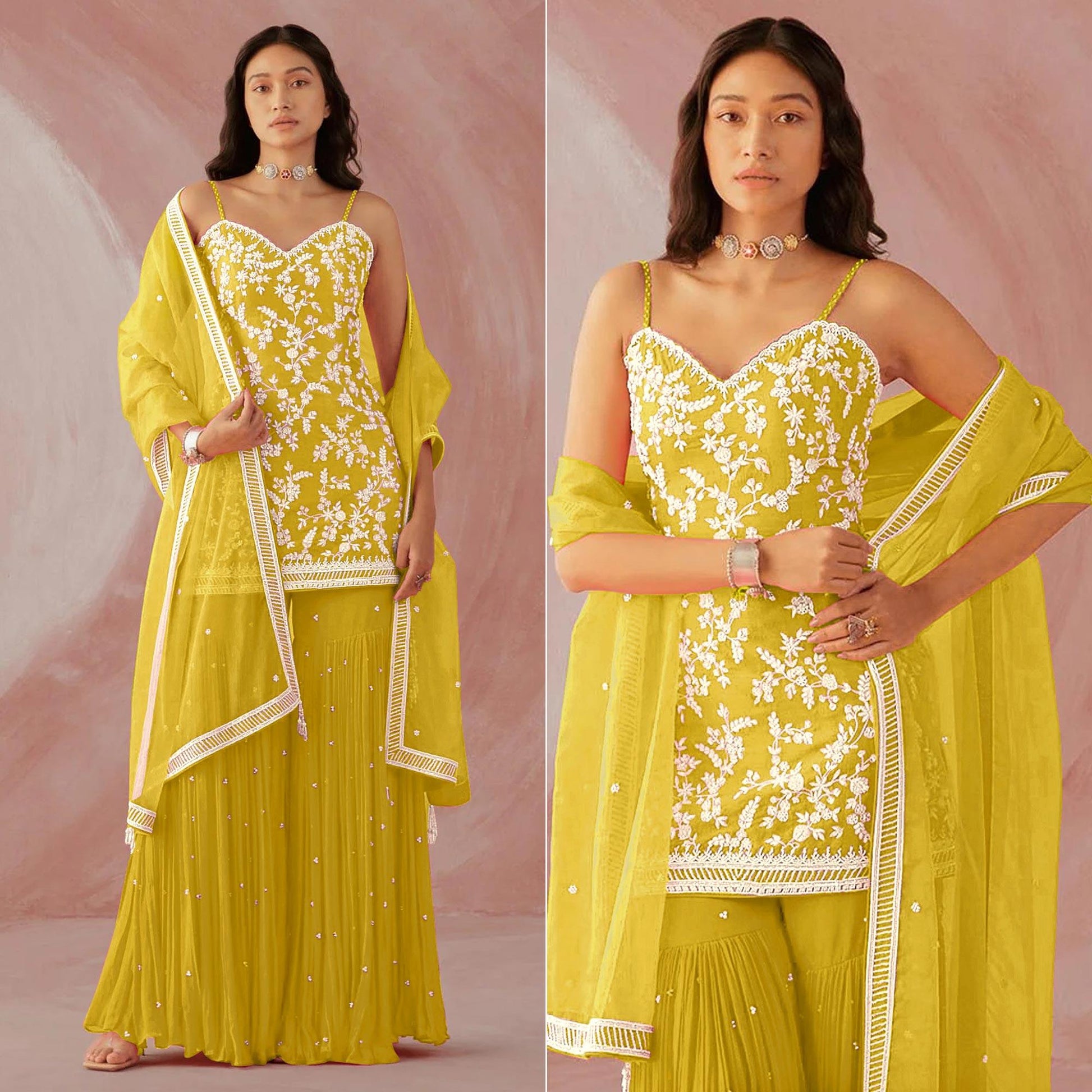 Lemon Yellow Floral Sequins Embroidered Georgette Sharara Suit