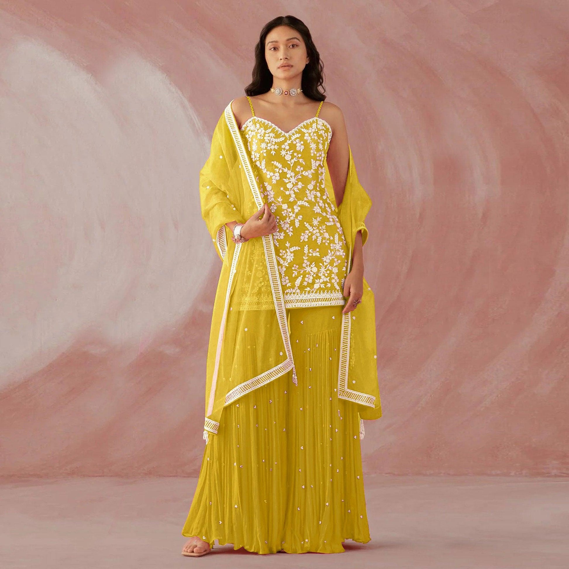 Lemon Yellow Floral Sequins Embroidered Georgette Sharara Suit