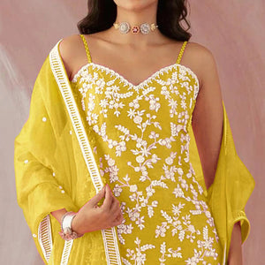 Lemon Yellow Floral Sequins Embroidered Georgette Sharara Suit