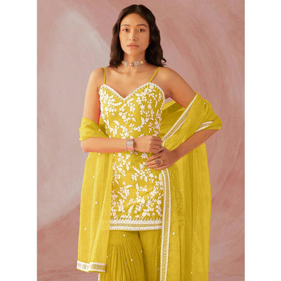Lemon Yellow Floral Sequins Embroidered Georgette Sharara Suit
