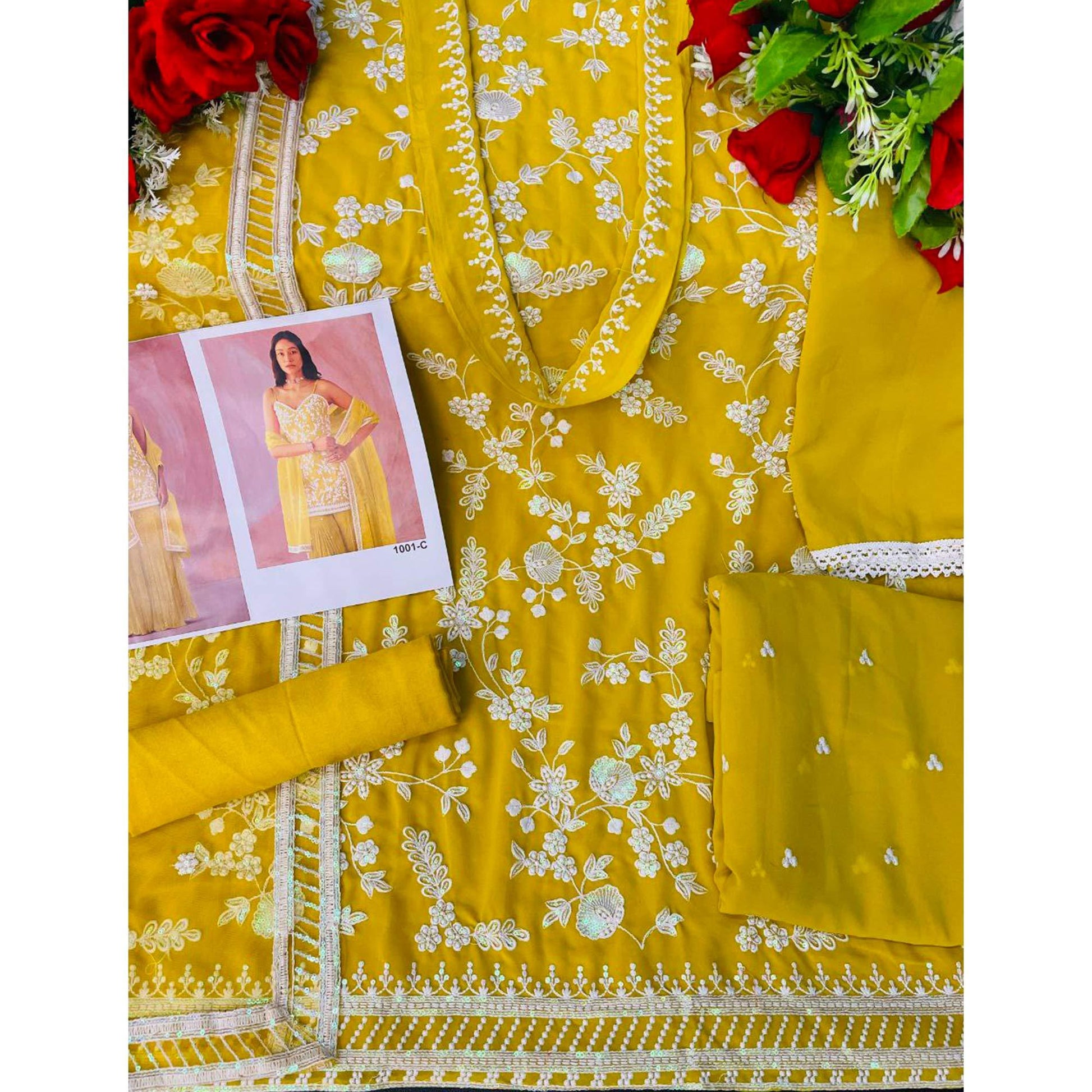 Lemon Yellow Floral Sequins Embroidered Georgette Sharara Suit
