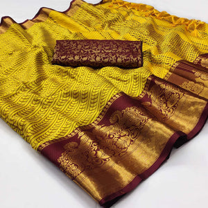 Lemon-Yellow Kalamkari Woven Cotton Silk Saree