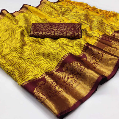 Lemon-Yellow Kalamkari Woven Cotton Silk Saree