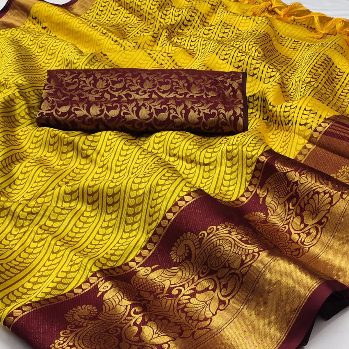 Lemon-Yellow Kalamkari Woven Cotton Silk Saree
