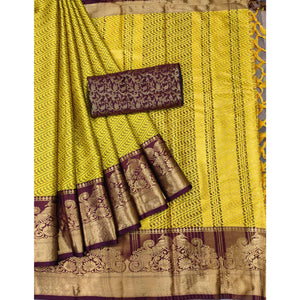 Lemon-Yellow Kalamkari Woven Cotton Silk Saree
