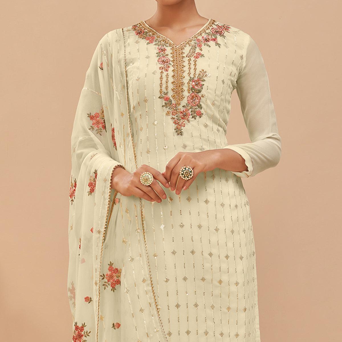 Lemon Yellow Party Wear Embroidered Georgette Suit