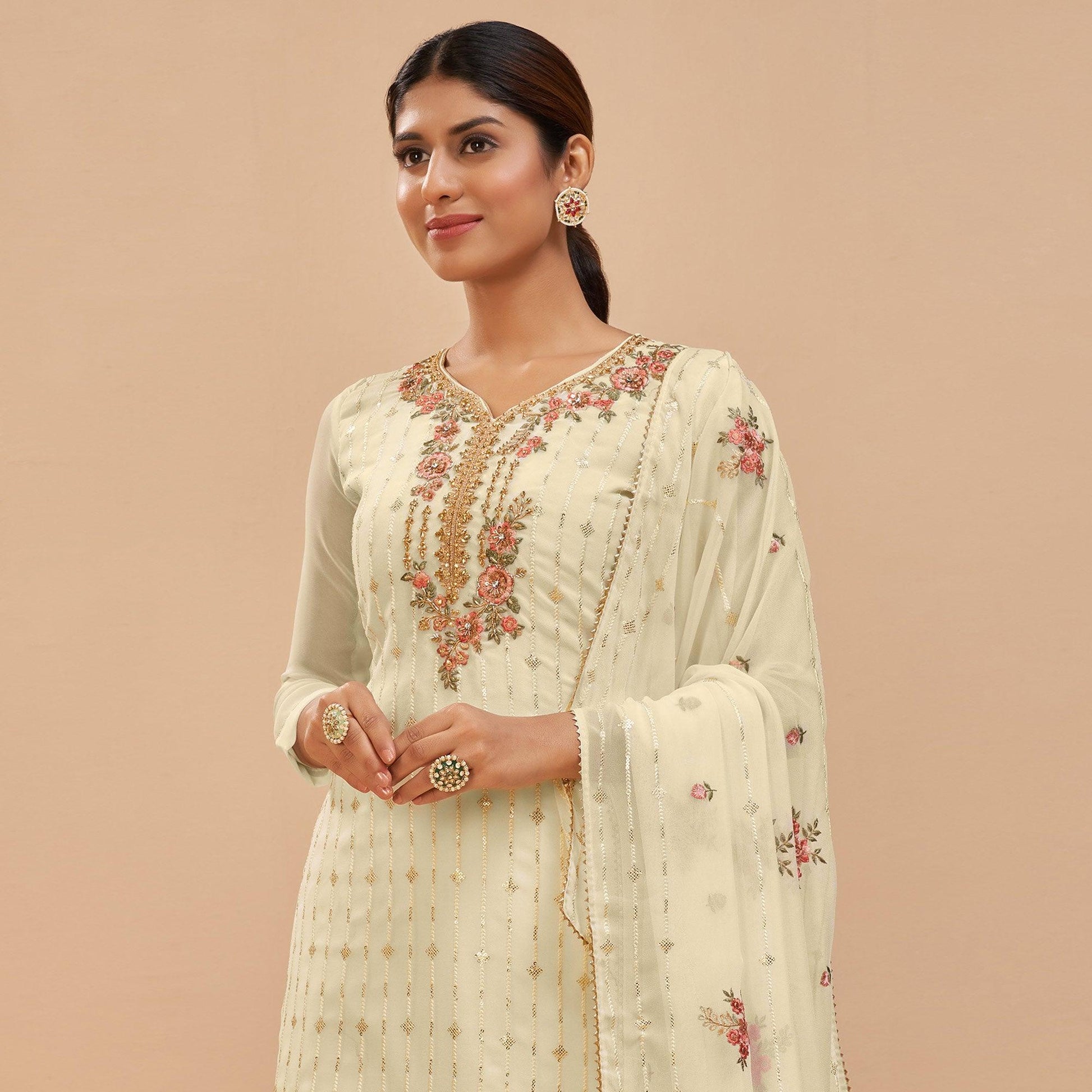Lemon Yellow Party Wear Embroidered Georgette Suit