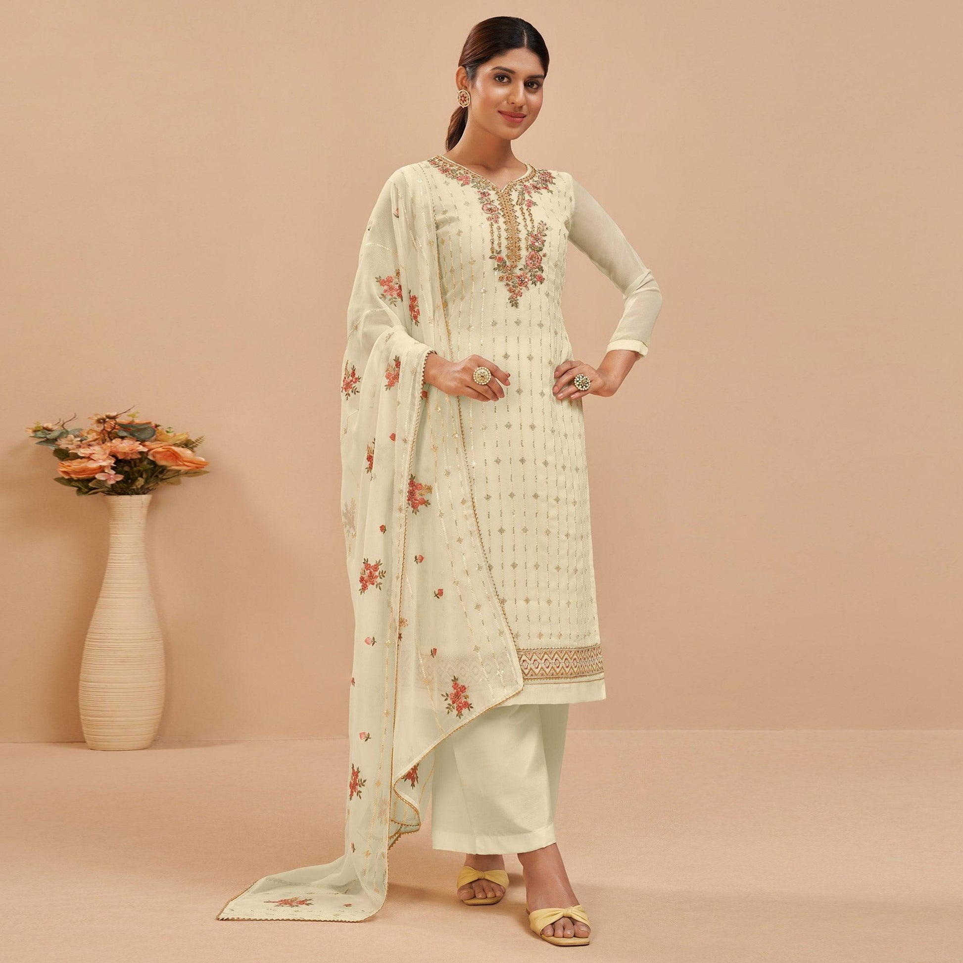 Lemon Yellow Party Wear Embroidered Georgette Suit