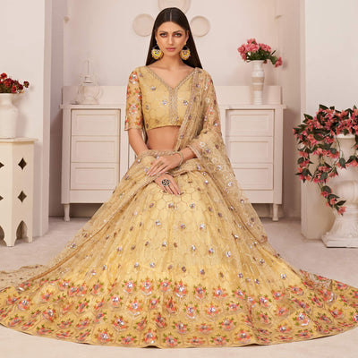 Lemon Yellow Party Wear Embroidered Netted Lehenga Choli