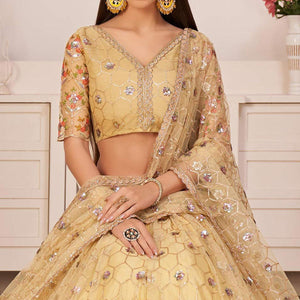 Lemon Yellow Party Wear Embroidered Netted Lehenga Choli
