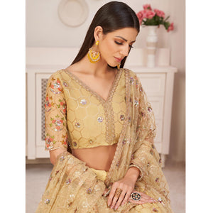 Lemon Yellow Party Wear Embroidered Netted Lehenga Choli
