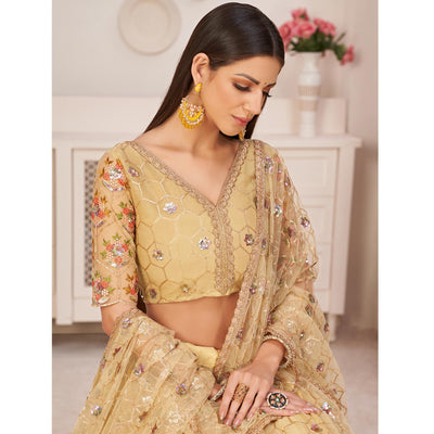 Lemon Yellow Party Wear Embroidered Netted Lehenga Choli