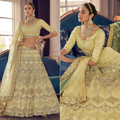 Lemon Yellow Partywear Embroidered Organza Lehenga Choli