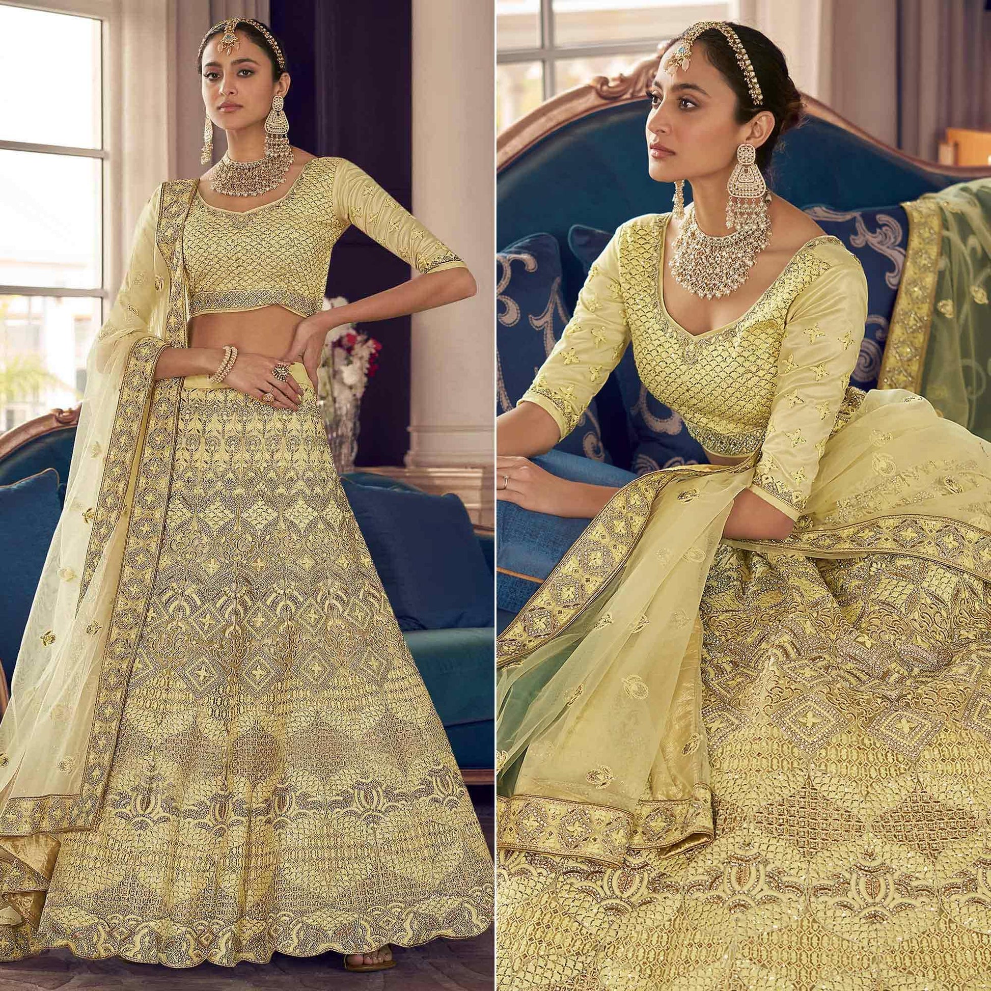 Lemon Yellow Partywear Embroidered Organza Lehenga Choli