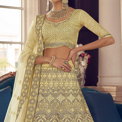 Lemon Yellow Partywear Embroidered Organza Lehenga Choli