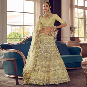 Lemon Yellow Partywear Embroidered Organza Lehenga Choli