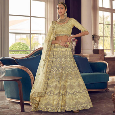 Lemon Yellow Partywear Embroidered Organza Lehenga Choli