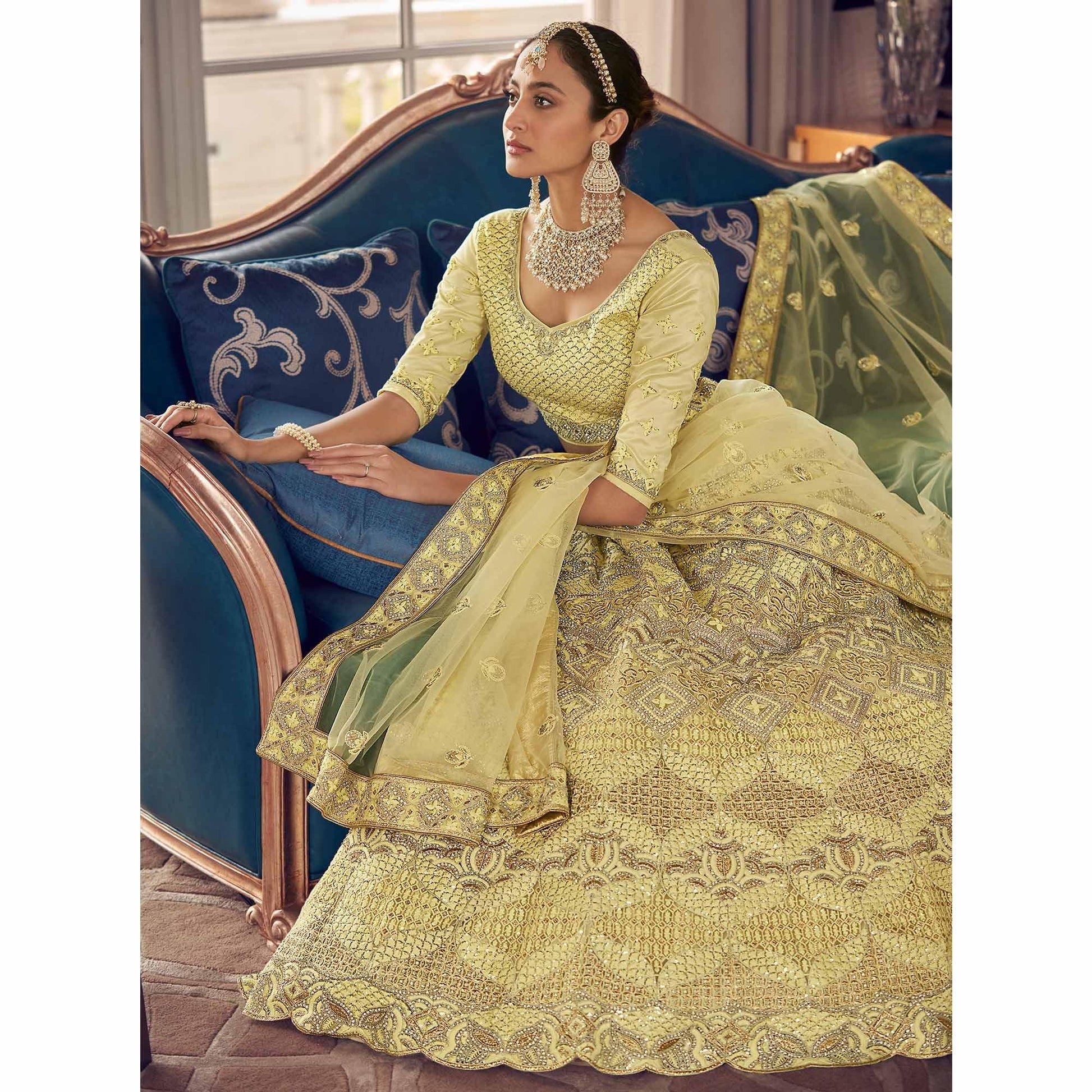 Lemon Yellow Partywear Embroidered Organza Lehenga Choli