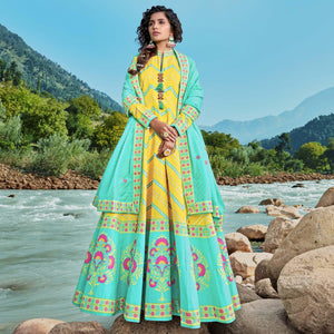 Lemon Yellow Partywear Patola Digital Printed Killer Silk Anarkali Suit