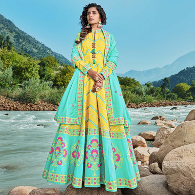 Lemon Yellow Partywear Patola Digital Printed Killer Silk Anarkali Suit