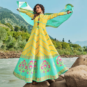 Lemon Yellow Partywear Patola Digital Printed Killer Silk Anarkali Suit