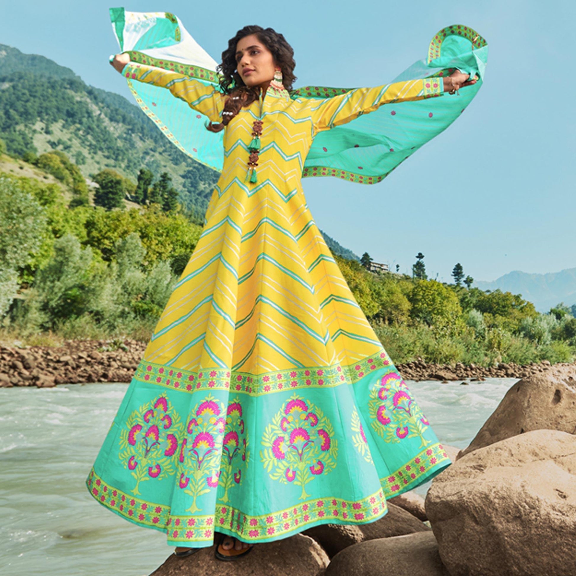 Lemon Yellow Partywear Patola Digital Printed Killer Silk Anarkali Suit