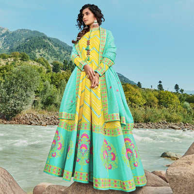 Lemon Yellow Partywear Patola Digital Printed Killer Silk Anarkali Suit