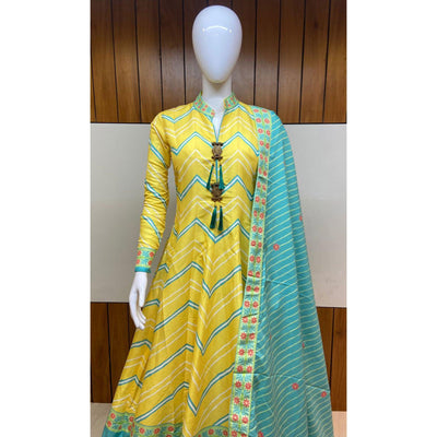 Lemon Yellow Partywear Patola Digital Printed Killer Silk Anarkali Suit