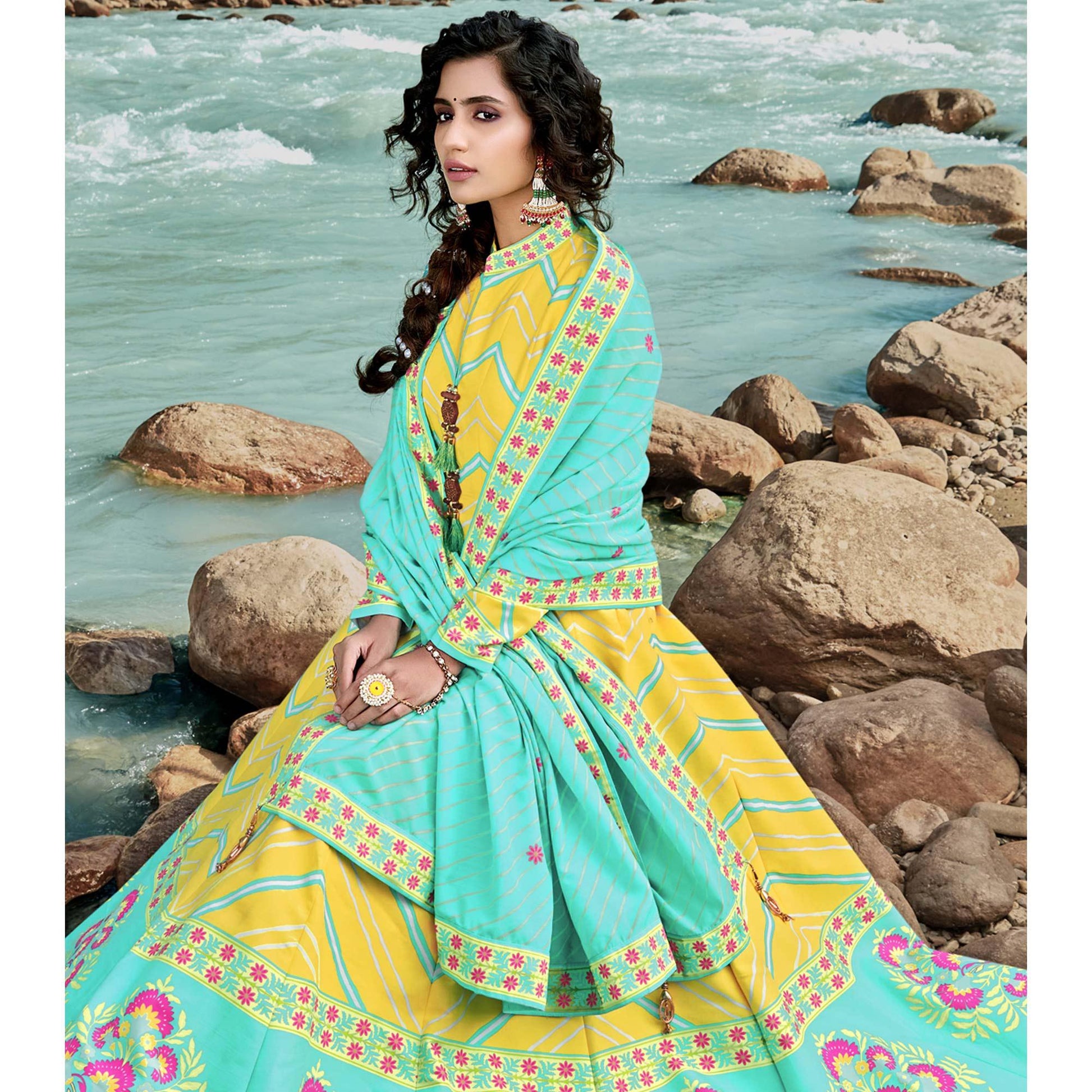 Lemon Yellow Partywear Patola Digital Printed Killer Silk Anarkali Suit
