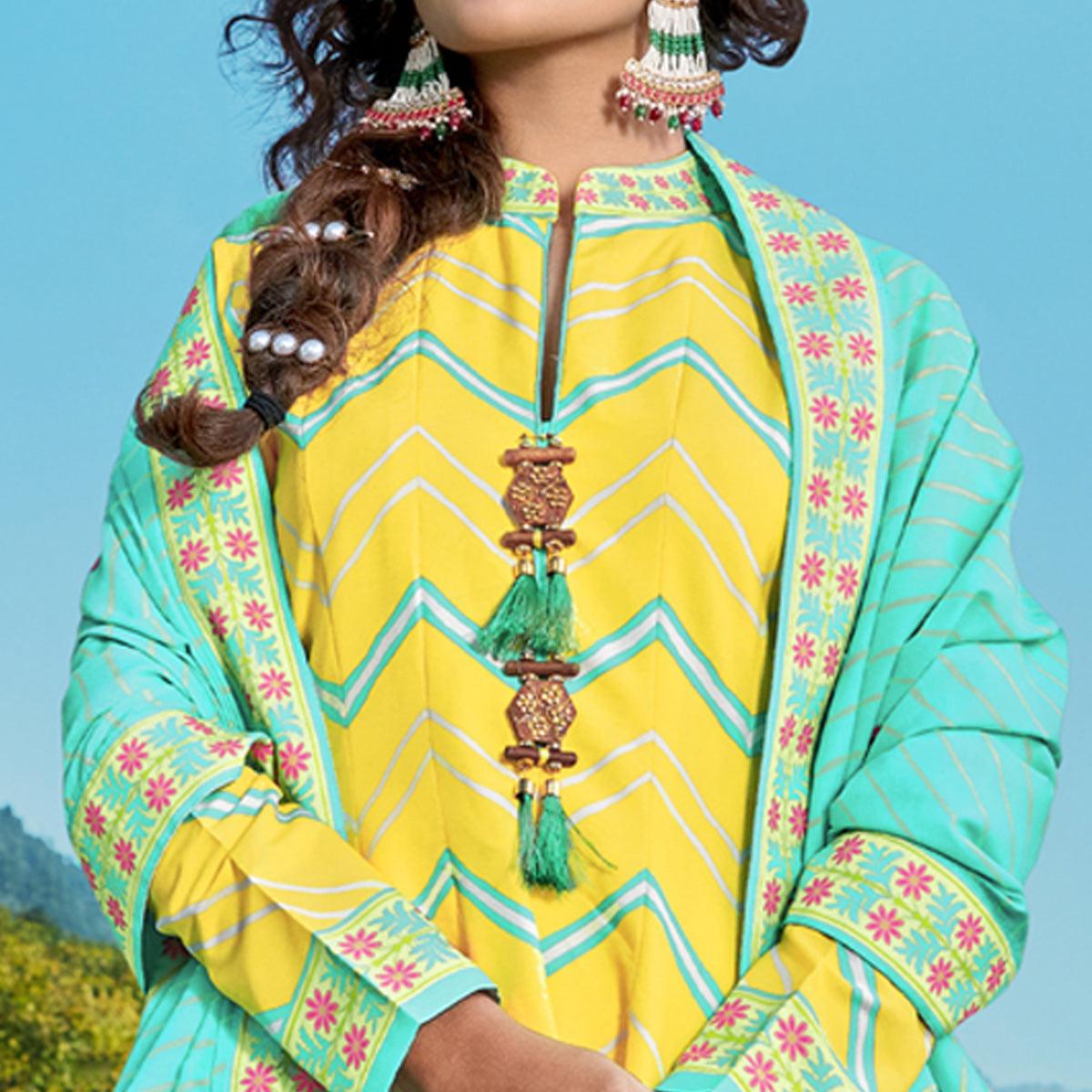 Lemon Yellow Partywear Patola Digital Printed Killer Silk Anarkali Suit