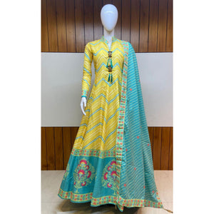 Lemon Yellow Partywear Patola Digital Printed Killer Silk Anarkali Suit
