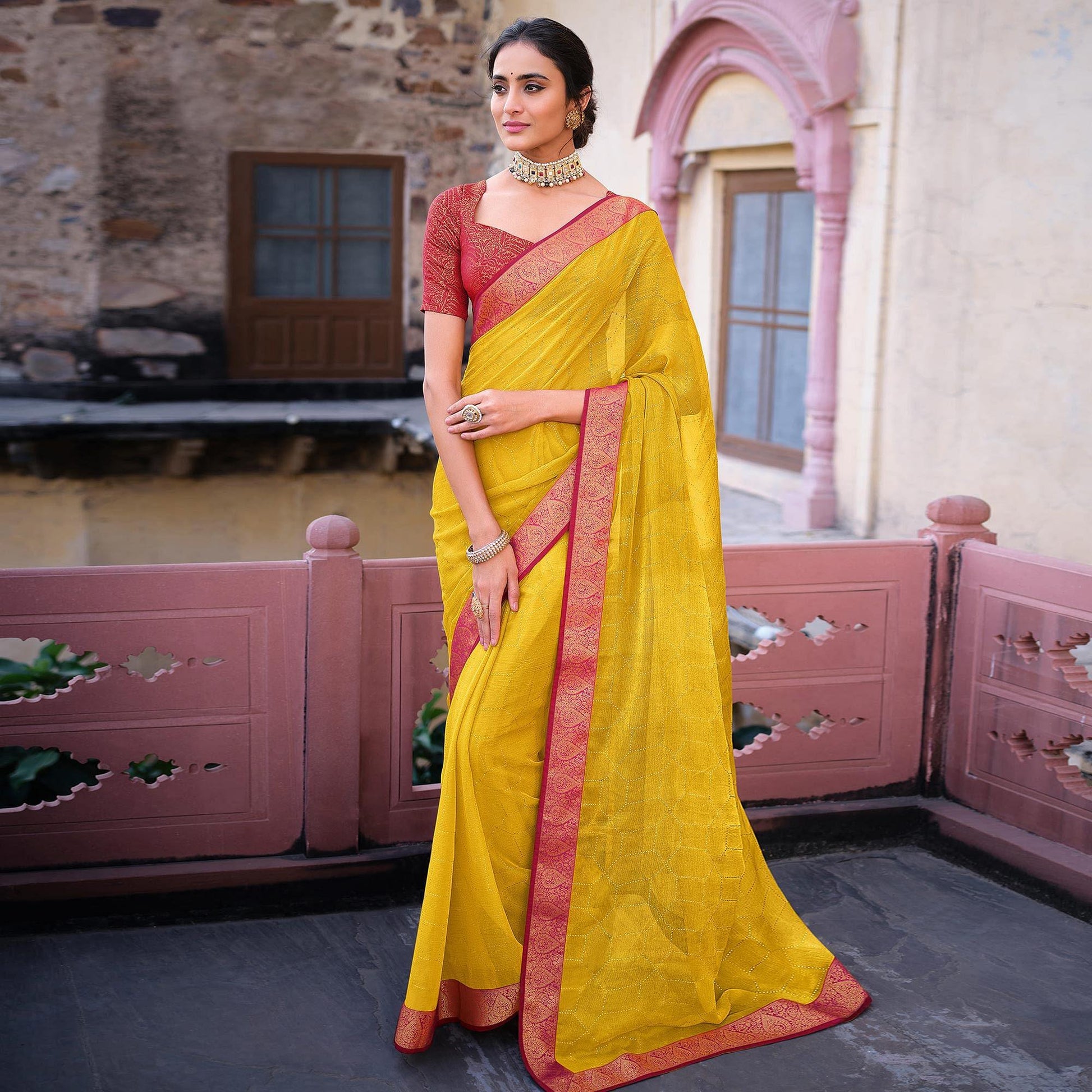Lemon Yellow Woven Chiffon Saree